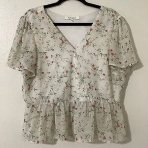 Off White Dainty Floral Fairy Coquette Cottagecore Sheer Ruffle V Neck Blouse XL